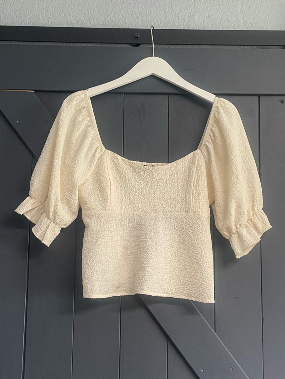 Square Neck Puff-Sleeve Blouse in Cream